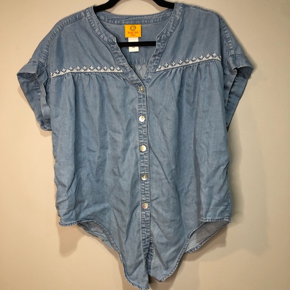 Ruby Rd. Denim Embroidered Tie Button Blouse - Picture 2 of 10